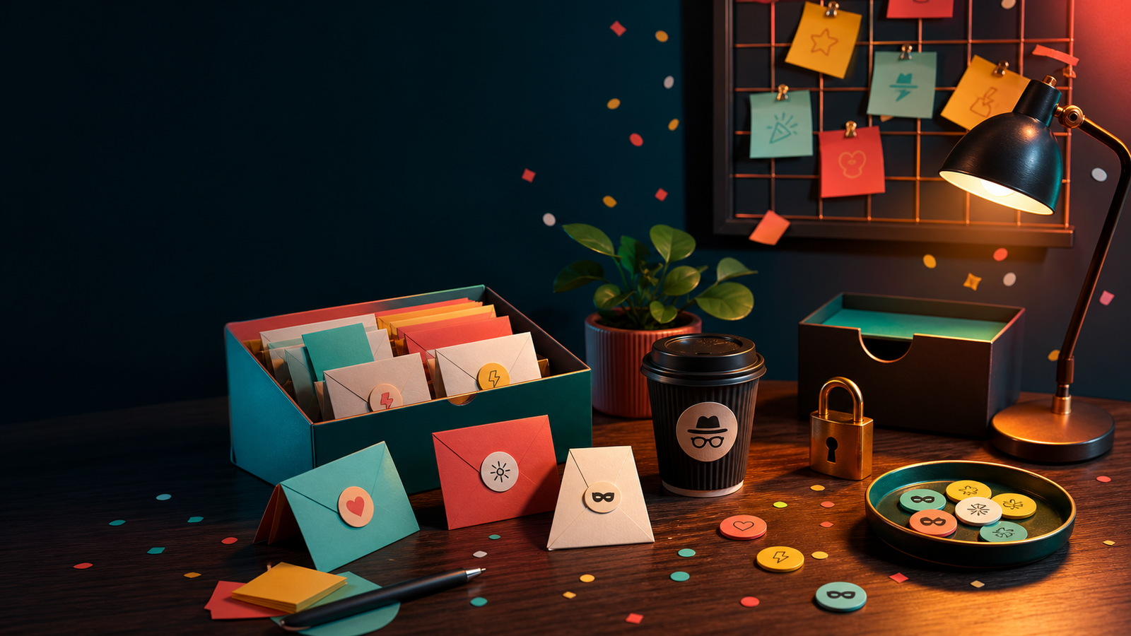 Escritorio secreto con notas, cafe y candado